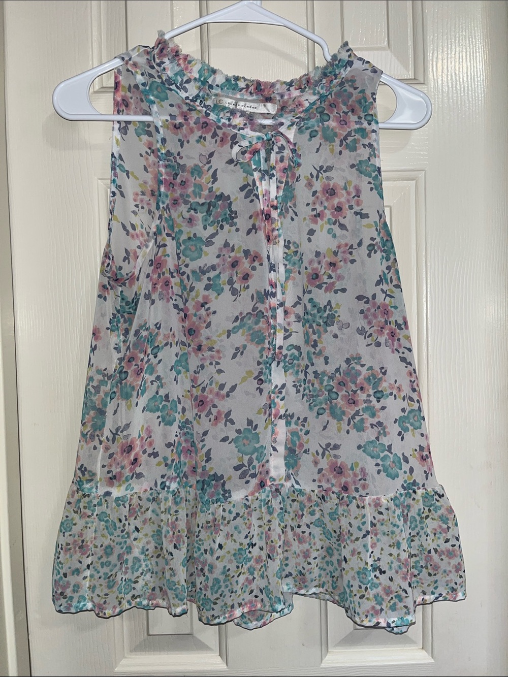 LC Lauren Conrad Sheer Floral Tie-Neck Sleeveless Blouse - Pink & Teal Floral M